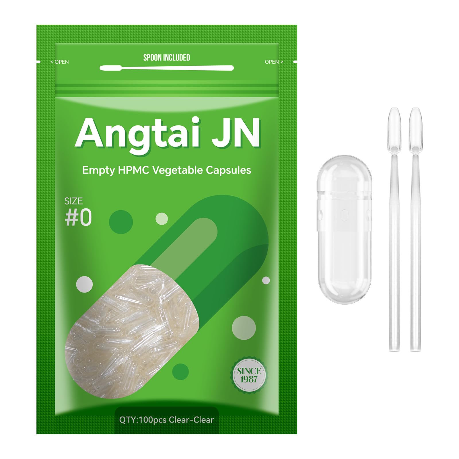 Angtai JN Size 0 Capsules Empty Vegan Plant Based Clear (100 Count) Gluten Free, Non-GMO, Halal Certified Pill Caps Filling Kit with 2 Spoons for Vegetarian DIY Your Own Supplements Angtai JNBuy Supplements Australia