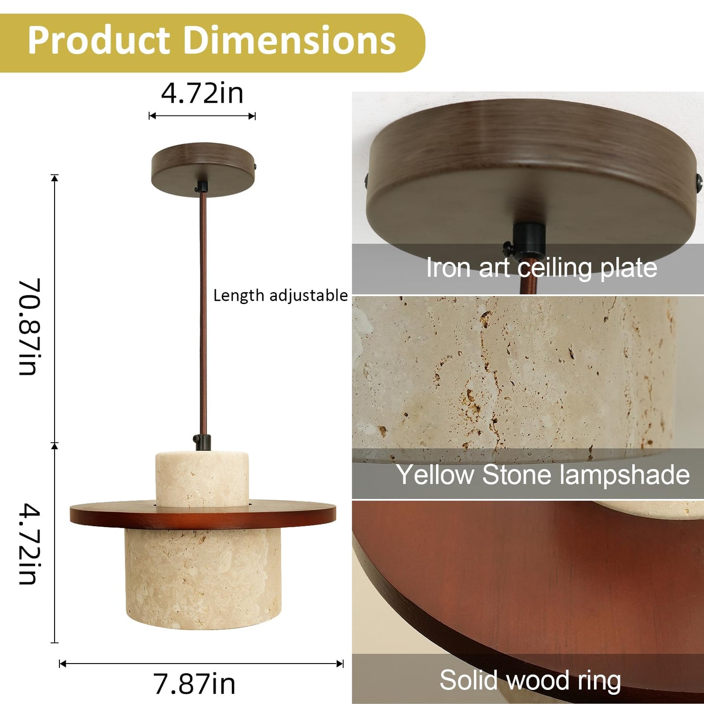 Nordic Pendant Light Natural Yellow Travertine Lamp Simple Wabi Sabi Lamp Suitable for Restaurant Bedside Kitchen Island Cafe Wood Pendant Light (Walnut Color) GenericBuy Supplements Australia