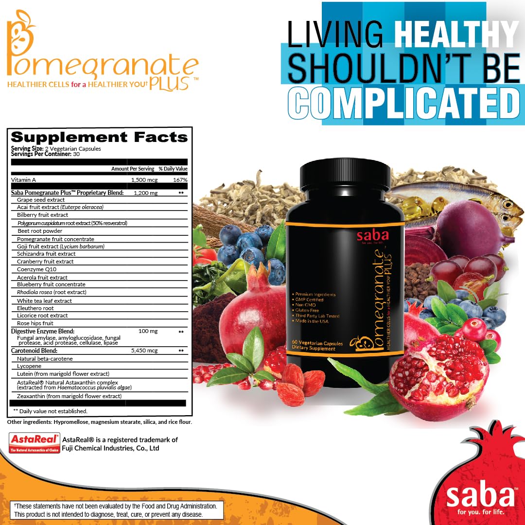 Saba Pomegranate Plus – Antioxidant Supplement with Astaxanthin & Adaptogens | Immune, Skin, Heart & Brain Support | Daily Stress & Cellular Wellness | 60 Capsules SabaBuy Supplements Australia