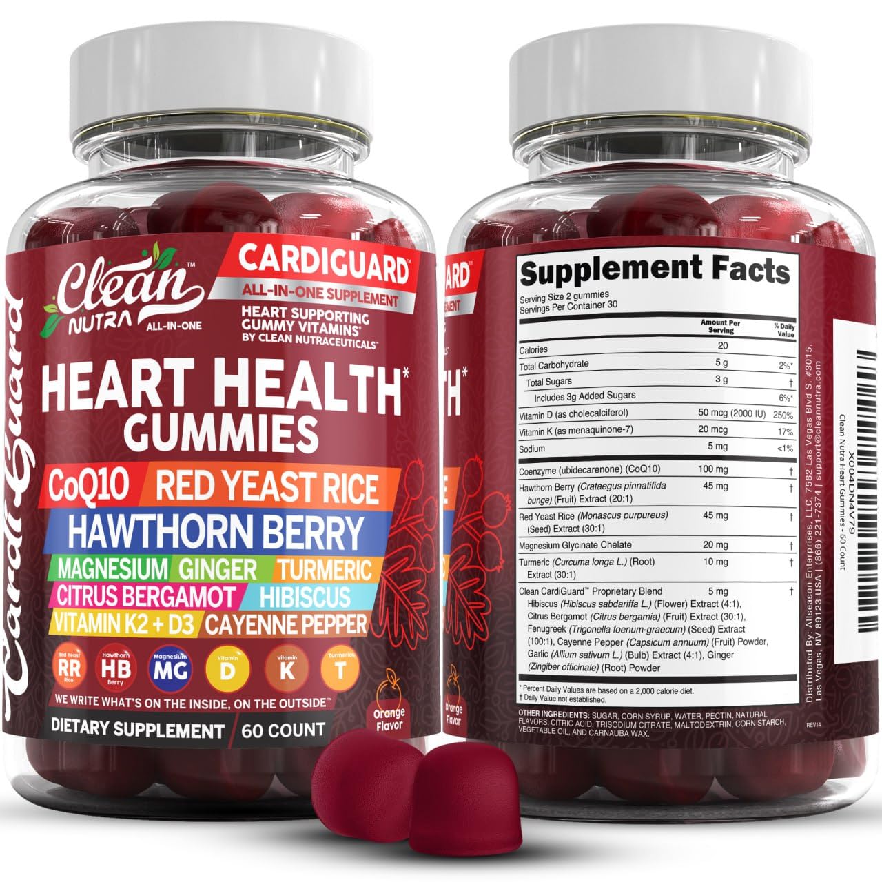 Clean Nutraceuticals Coq10 Gummies | Red Yeast Rice Hawthorn Berry Ginger Turmeric Citrus Bergamot Hibiscus Vitamin K2+D3 Magnesium Glycinate Cayenne Pepper Fenugreek Orange Flavor CardiGuard Clean NutraceuticalsBuy Supplements Australia