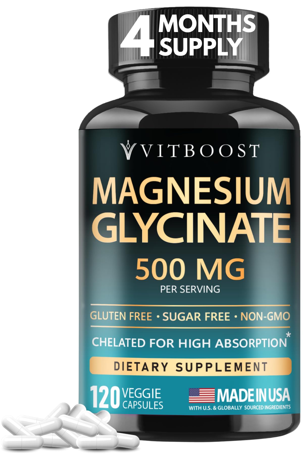 VITBOOST Magnesium Glycinate 500mg - High Absorption Chelated Supplement - Supports Sleep, Muscle Recovery & Heart Health - Non-GMO