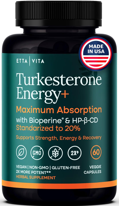 Potent Turkesterone Supplement, 2X Pure (Made in USA - 3rd Party Tested) Most Bioavailable and Natural Test Support Supplement, Supports Energy Lean Muscle Health, Recovery and Stamina, Vegan (60ct) Etta VitaBuy Supplements Australia