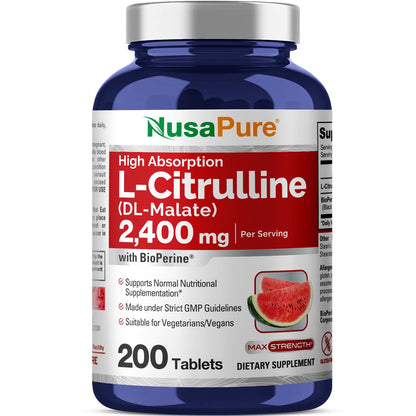 NusaPure L-Citrulline 2,400mg 200 Vegetarian Tablets (Non-GMO, Gluten Free)