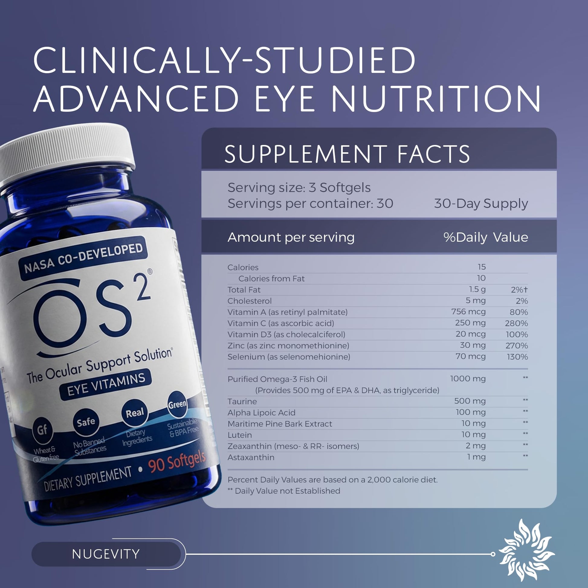 Nugevity OS2 Ocular Support Solution - Patented Eye Vitamins for Macular Health, Dry Eye and Blue Light - Lutein, Zeaxanthin, Omega 3, Astaxanthin and AREDS2 Supplements, Co-Developed by NASA, 90 ct NugevityBuy Supplements Australia