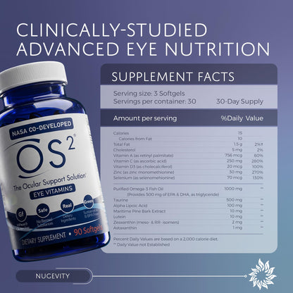 Nugevity OS2 Ocular Support Solution - Patented Eye Vitamins for Macular Health, Dry Eye and Blue Light - Lutein, Zeaxanthin, Omega 3, Astaxanthin and AREDS2 Supplements, Co-Developed by NASA, 90 ct NugevityBuy Supplements Australia