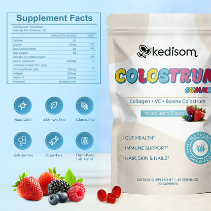 KEDISOM Colostrum Gummies, Grass Fed Colostrum Supplement, 90 Bovine Colostrum Gummies, 45 Servings, Mixed Berry, Sugar-Free KEDISOMBuy Supplements Australia