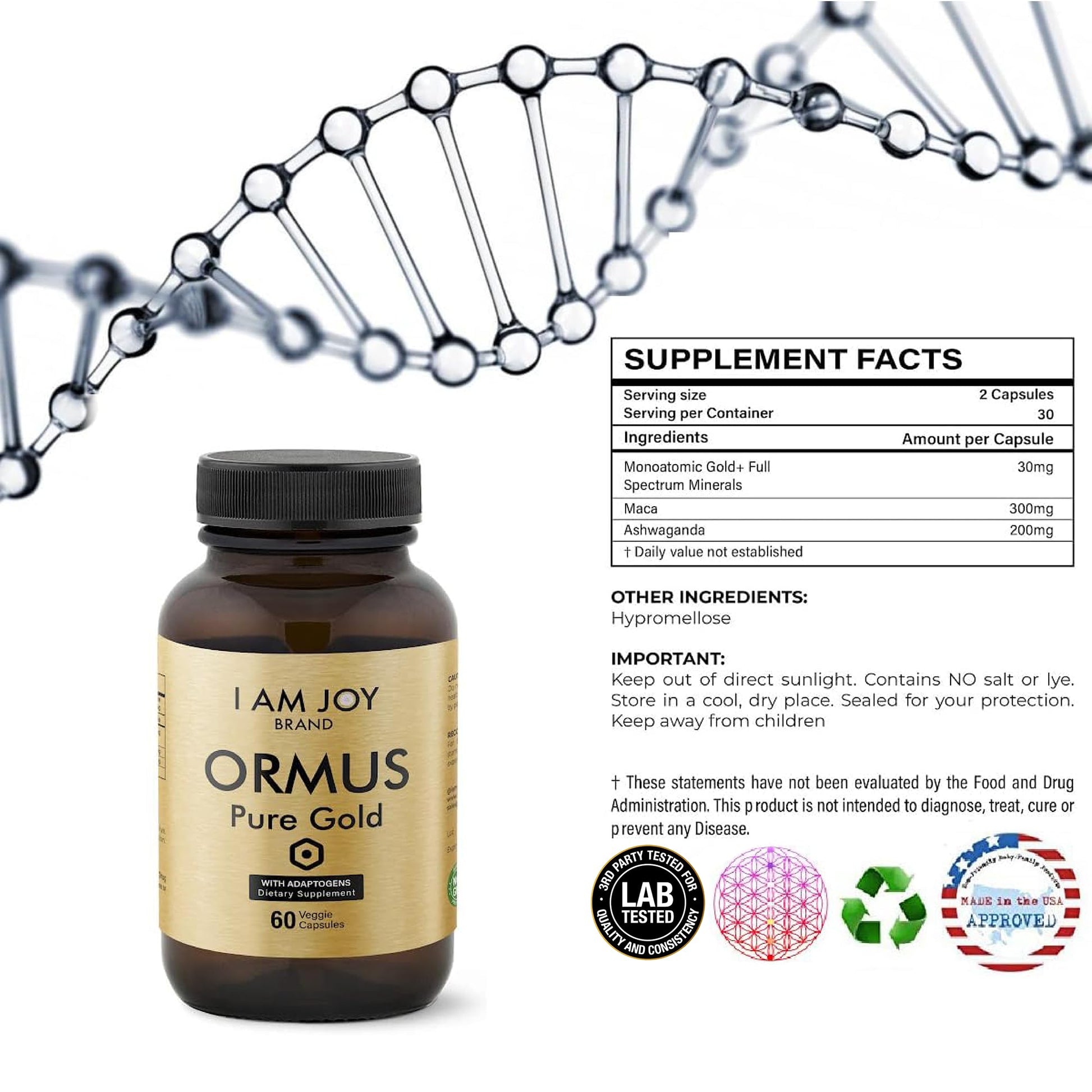 I Am Joy co. Ormus Gold Capsules Monoatomic Elements with Adaptogens Maca and Ashwaganda | May Help Balance Mood, Decalcify Pineal Gland, Repair DNA, Enhance Relaxation - 60 Vegan Capsules I Am Joy co.Buy Supplements Australia