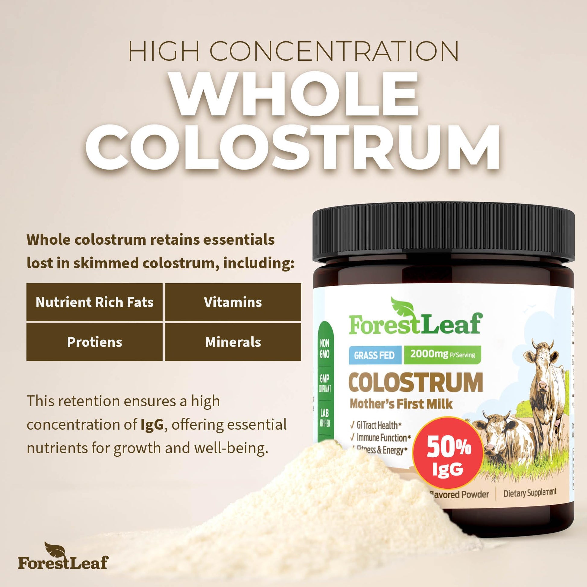 ForestLeaf Colostrum Powder 50% IgG Highest Pure Concentration, Grass Fed Colostrum Supplement for Gut Health, Immune Support and Muscle Recovery, Bovine Colostrum for Humans, Unflavored, 45 Servings ForestLeafBuy Supplements Australia