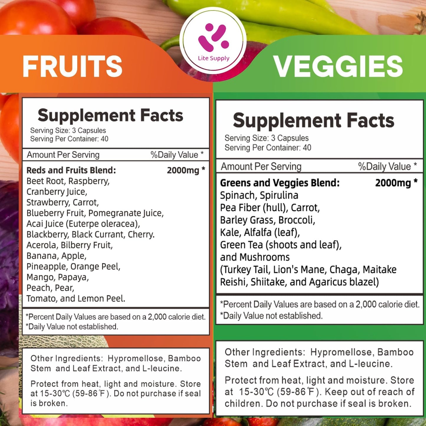 Lite Supply Fruits and Veggies Supplement 240 Caps - 120 Fruit and 120 Veggie Capsules - Whole Food & Natural Superfood Filled with Vitamins & Minerals for Women, Men Supports Energy Levels Lite SupplyBuy Supplements Australia