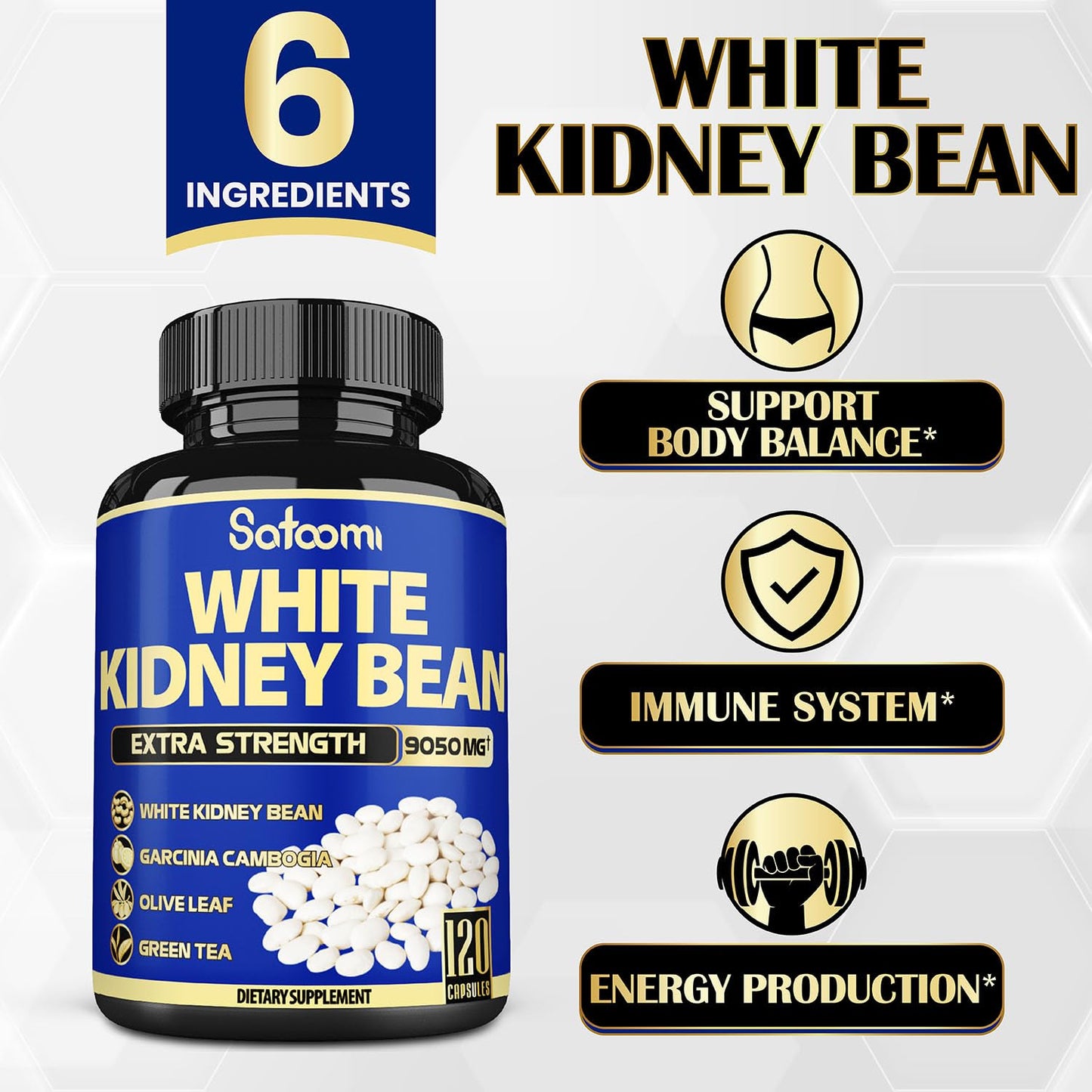 6in1 White Kidney Bean Extract Capsules 9050 Mg - with Garcinia Cambogia, Olive Leaf SatoomiBuy Supplements Australia