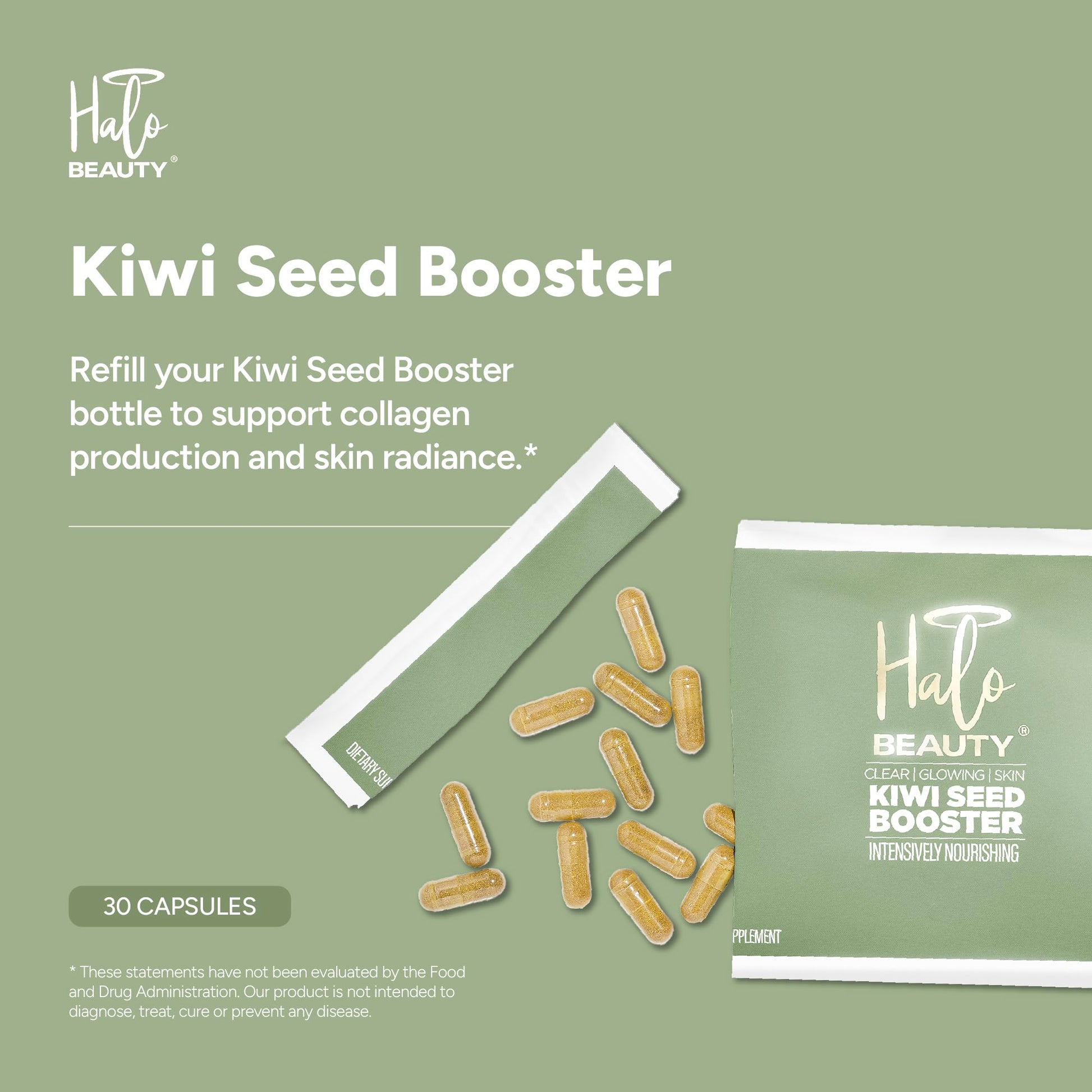 Halo Beauty Kiwi Seed Booster Skin Supplement Refill Pack | Anti-Aging Hydration & Glowing Skin Support with Kiwi Seed, Vitamin C, D3 & Zinc | Vegan Collagen Support Capsules | 1-Month Supply Halo BeautyBuy Supplements Australia