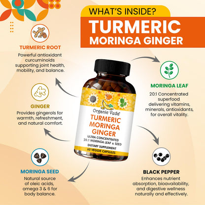 Organic Veda Turmeric Moringa Ginger Capsules - Super Antioxidants & Curcumin Supplement with 20:1 Moringa Leaf & Seed Extract, Black Pepper - Energy, Joints, Heart Health Support - 60 Vegan Pills Organic VedaBuy Supplements Australia