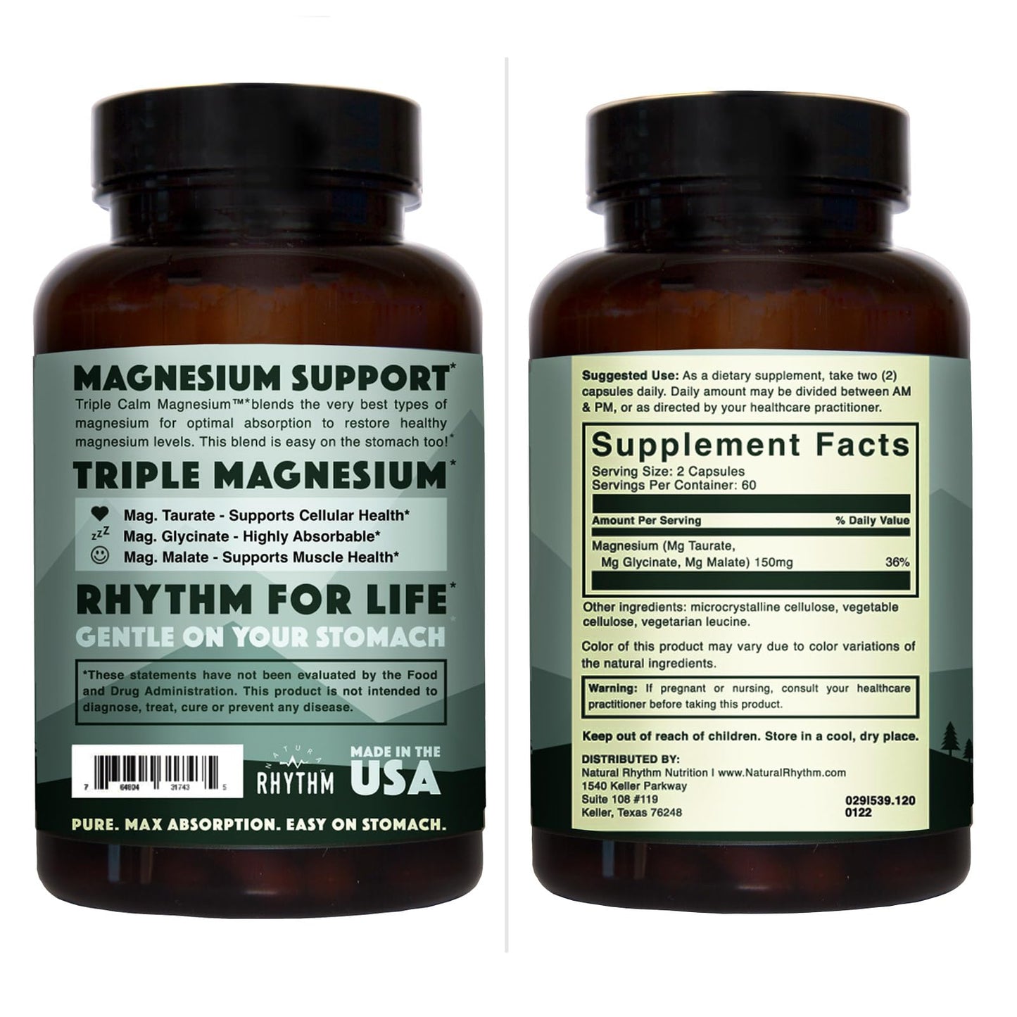 Natural Rhythm Triple Calm Magnesium Complex - 120 Capsules, Chelated Magnesium Glycinate, Taurate & Malate, High Absorption Supplement for Sleep, Stress, Muscle & Heart Support, Non-GMO, Vegan Natural RhythmBuy Supplements Australia