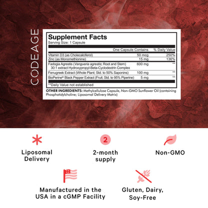 Codeage Liposomal Fadogia Agrestis 600mg Supplement - Fadogia Agrestis 30:1 Extract, Vitamin D3, Zinc, Fenugreek, BioPerine Black Pepper - 2-Month Supply - Liposomal Delivery - Non-GMO, 60 Capsules CodeageBuy Supplements Australia