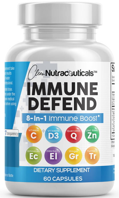 Clean Nutraceuticals Immune Defense Support Supplement 8 in 1 with Zinc 50mg Quercetin, VIT C 1000mg, Vitamin D3 5000 IU, Elderberry, Ginger