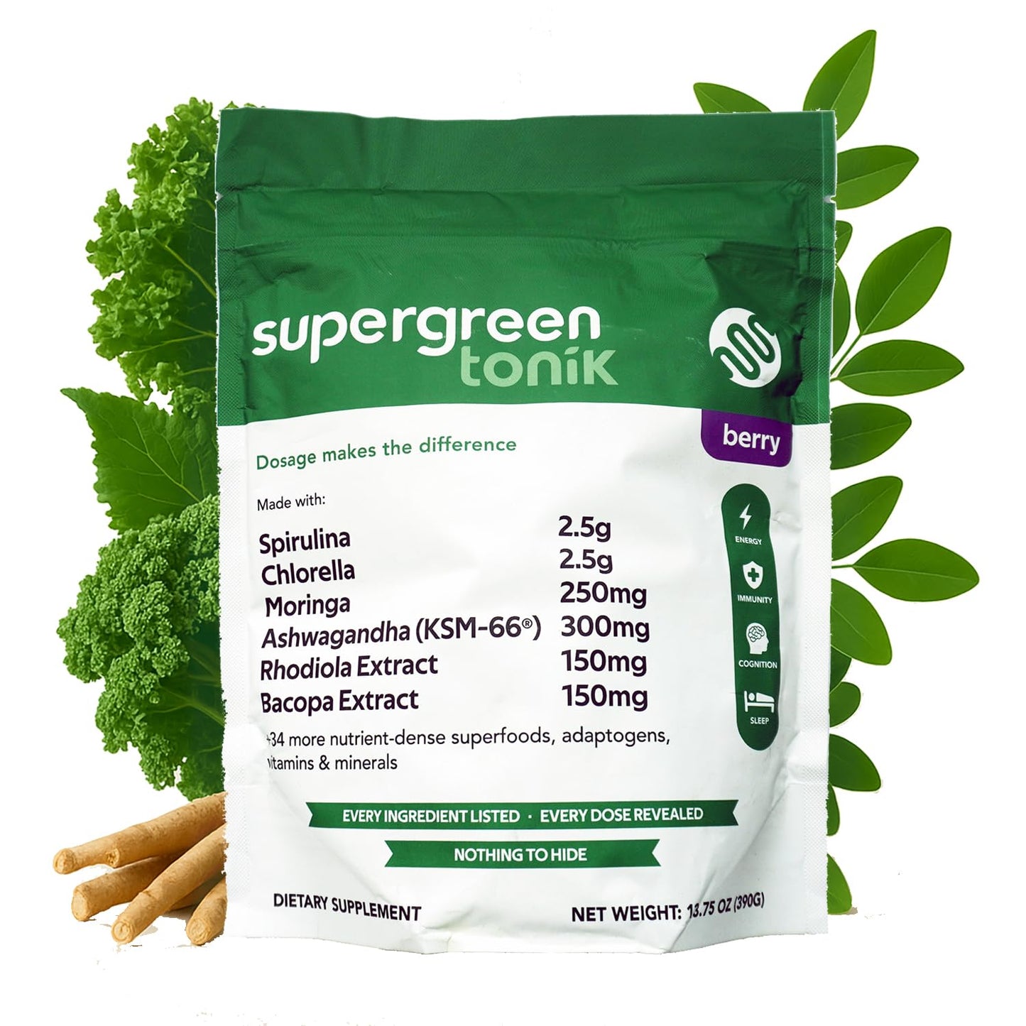 SUPERGREEN TONIK 100% Natural Greens Superfood Powder – Daily Supplement with 40 Superfoods, Vitamins and Minerals – Supports Energy, Stress and Immunity – 30 Days 360 Grams Berry Flavor (1 Bag) SUPERGREEN TONIKBuy Supplements Australia