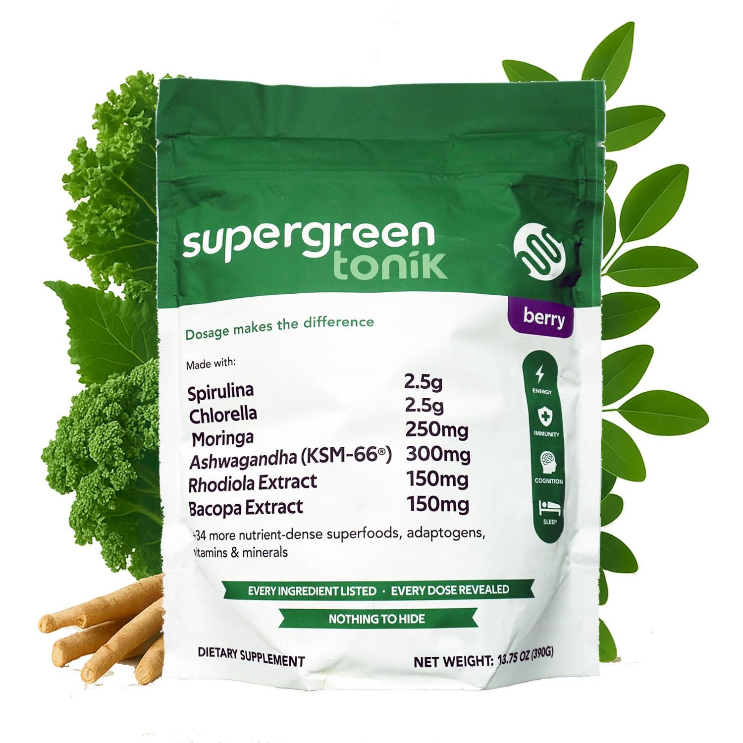 SUPERGREEN TONIK 100% Natural Greens Superfood Powder – Daily Supplement with 40 Superfoods, Vitamins and Minerals – Supports Energy, Stress and Immunity – 30 Days 360 Grams Berry Flavor (1 Bag) SUPERGREEN TONIKBuy Supplements Australia