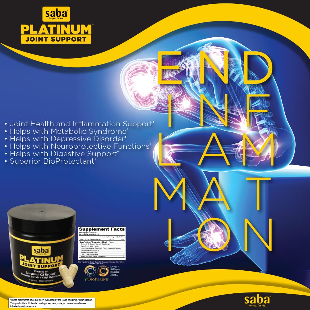 Saba Platinum Joint Support – High Absorption Curcumin C3 Reduct & Boswellia – Fast Acting Turmeric Supplement for Joint Pain Relief, Mobility & Healthy Inflammation Response – 60 Vegan Capsules SabaBuy Supplements Australia