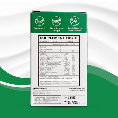 Peak Performance Energy Strips — Vegan, Gluten Free, Soy Free & Sugar-Free Breath Strips w/Caffeine, 18 Vitamins & Minerals — Instant Energy Boost Chocolate Mint Dietary Supplement — 30 Oral Strips Vitamin-StripsBuy Supplements Australia