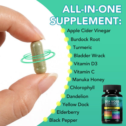 Sea Moss Black Seed Oil Ashwagandha Ginger Capsules, Seamoss Capsules Supplement with Bladderwrack Burdock & Vitamin C Vitamin D3 for Women & Men-Enhanced Immunity,60 Counts VceeoyBuy Supplements Australia