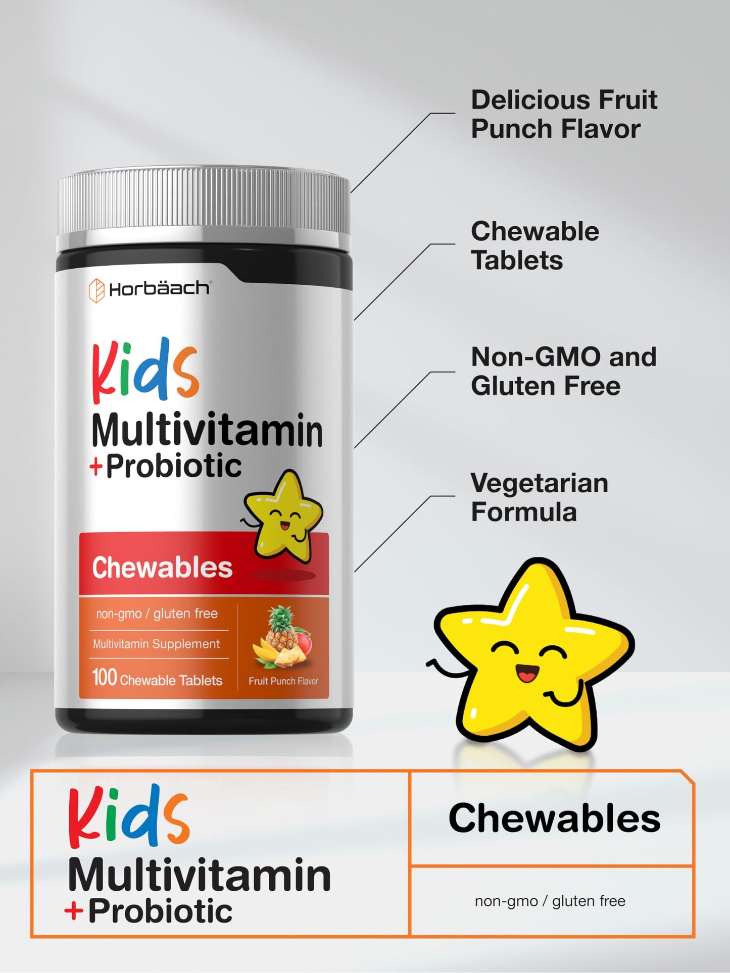 Horbäach Kids Multivitamin with Probiotics | 100 Chewable Tablets | Fruit Punch Flavor | Vegetarian, Non-GMO, Gluten Free Children's Supplement HorbäachBuy Supplements Australia