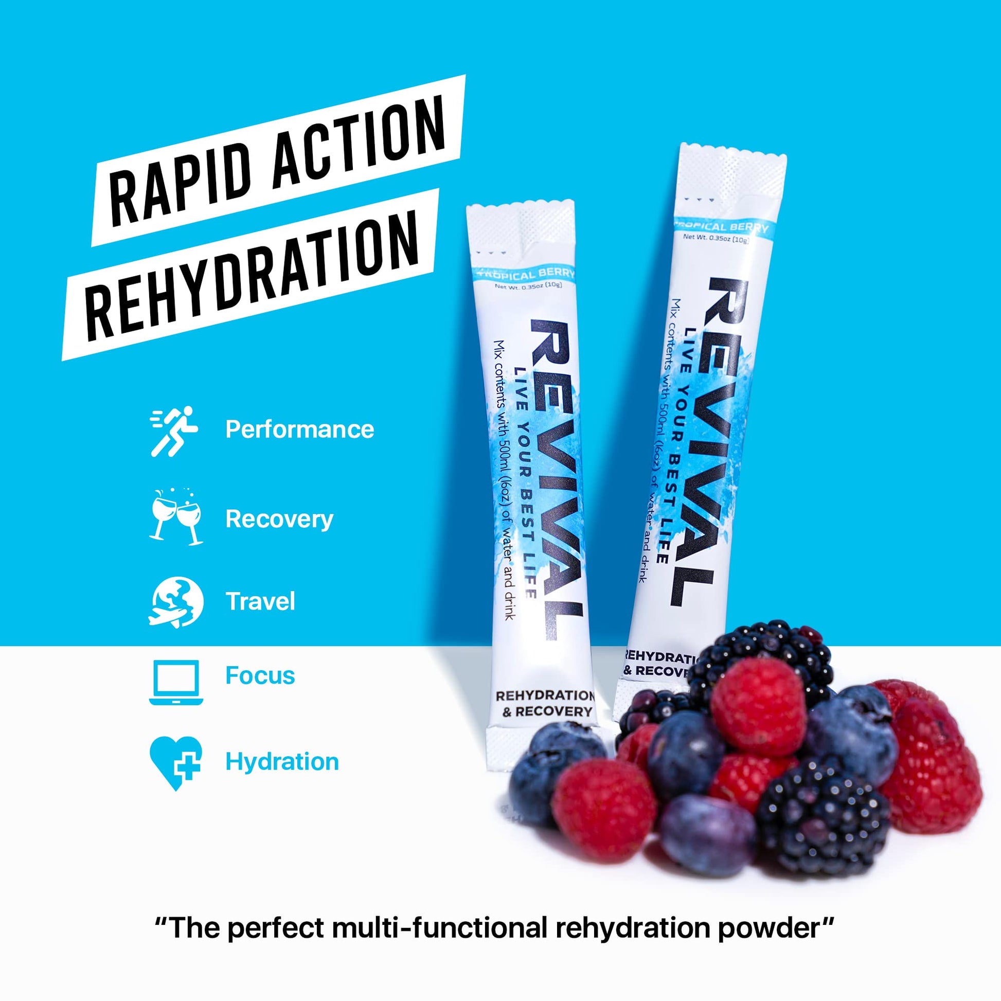 Revival Rapid Rehydration, Electrolytes Powder - High Strength Vitamin C, B1, B3, B5, B12 Revival ShotsBuy Supplements Australia