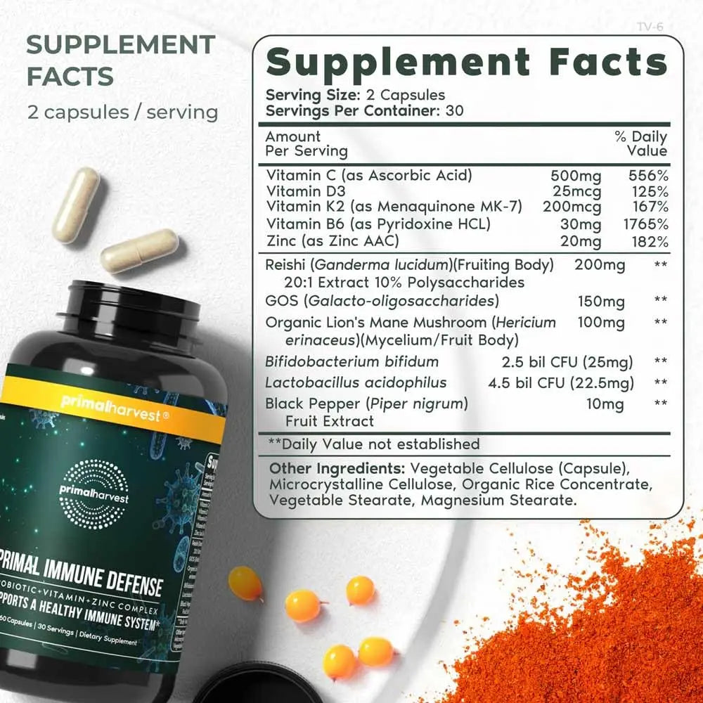 Primal Harvest Immune Defense 10-in-1 Supplement with Probiotics, Zinc, and Vitamins C, D3, K2, B6 Daily Immune Support for Adults Primal Harvest