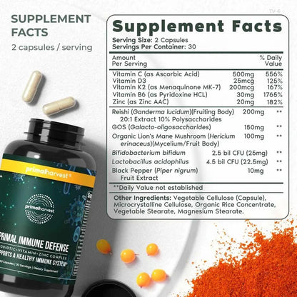 Primal Harvest Immune Defense 10-in-1 Supplement with Probiotics, Zinc, and Vitamins C, D3, K2, B6 Daily Immune Support for Adults Primal Harvest