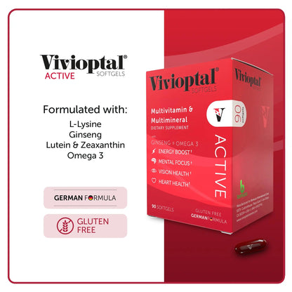 Vivioptal Active, 90 Softgels (1 Year Supply), Ginseng & Omega 3, Multivitamin & Multimineral, Gluten Free, German Formula Vivioptal VitaminsBuy Supplements Australia