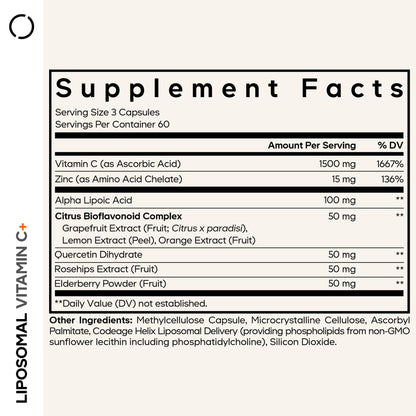 Codeage Liposomal Vitamin C 1500mg with Zinc, Elderberry, Citrus Bioflavonoids Grapefruit, Lemon, Orange Powder, Quercetin & Rose Hips Fruit – Vegan Supplement - Non-GMO, Vegan Pills, 180 Capsules CodeageBuy Supplements Australia