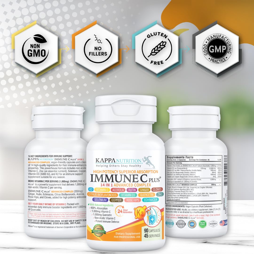 Quercetin 1,000mg, Vitamin C 1,000mg, Zinc 50mg, Vitamin D3 5,000iu, Selenium, Copper, Acerola, Ginger, Rutin, Bitter Orange, Rose Hips, Echinacea, Immune C Plus, 14 in 1 Immune C Plus (90 Count) KAPPA NUTRITIONBuy Supplements Australia