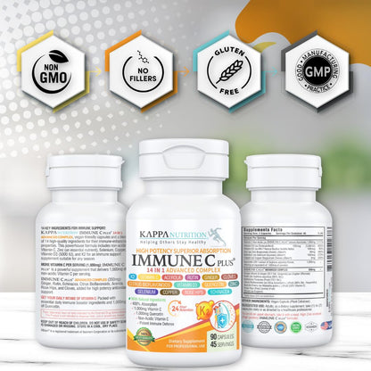 Quercetin 1,000mg, Vitamin C 1,000mg, Zinc 50mg, Vitamin D3 5,000iu, Selenium, Copper, Acerola, Ginger, Rutin, Bitter Orange, Rose Hips, Echinacea, Immune C Plus, 14 in 1 Immune C Plus (60 Count) KAPPA NUTRITIONBuy Supplements Australia