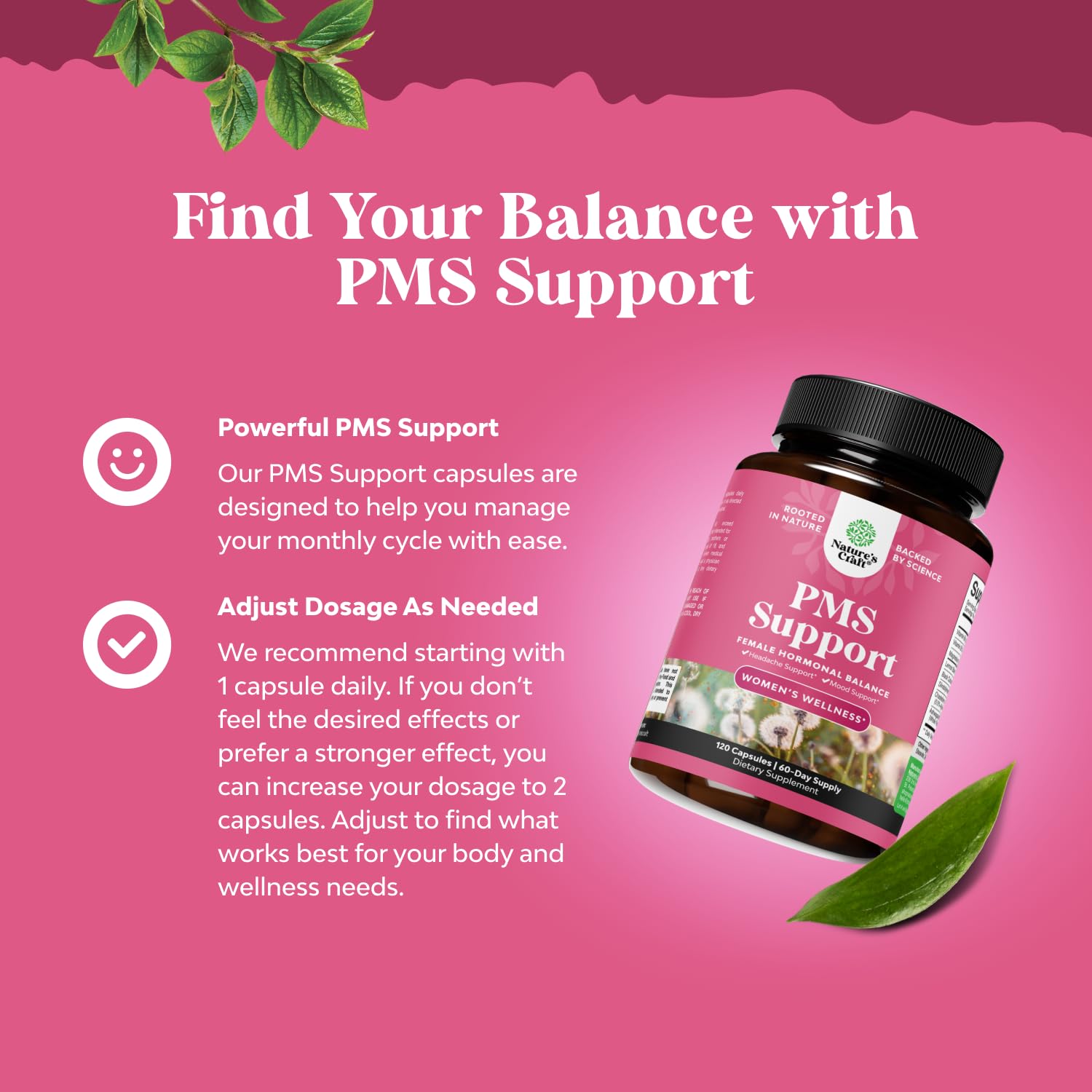 PMS Support Supplement for Women – Hormone Balance for Women & Menstrual Discomfort with DIM, Chasteberry, Black Cohosh & Ashwagandha - for Period Cramps Ease, Menopause Bloating, Mood Swing – 120 Ct Natures CraftBuy Supplements Australia