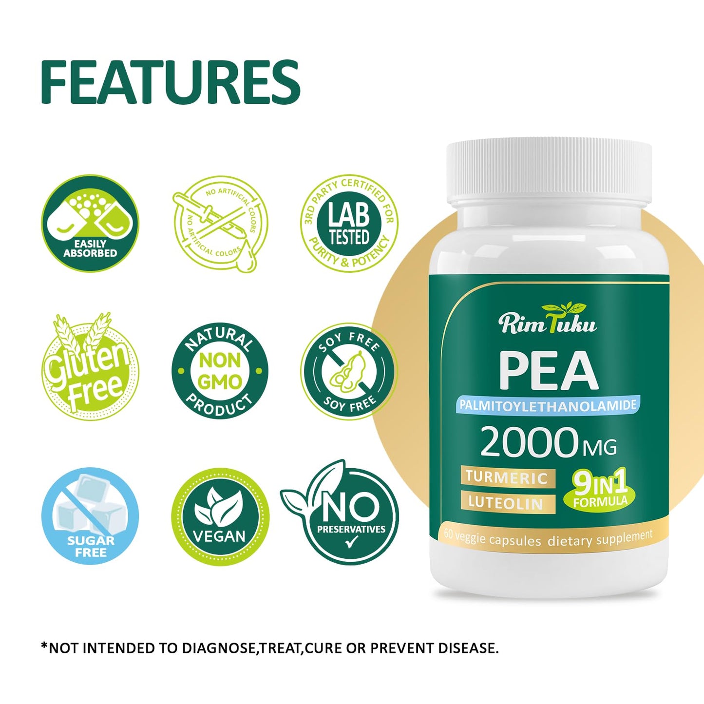 Liposomal Palmitoylethanolamide 2000MG + Luteolin 200MG + Turmeric 200MG & Fisetin 100MG, Micronized Pea 99% Highly Purified Enhanced Absorption Pea Supplement, 120 Capsules RimTukuBuy Supplements Australia