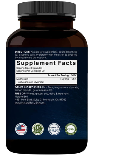 NatureBell Magnesium Glycinate 400mg Elemental, 270 Capsules | 100% Chelated for High Absorption | Supports Muscle, Bone & Heart Health | Non-GMO, Gluten-Free, Vegan NatureBellBuy Supplements Australia
