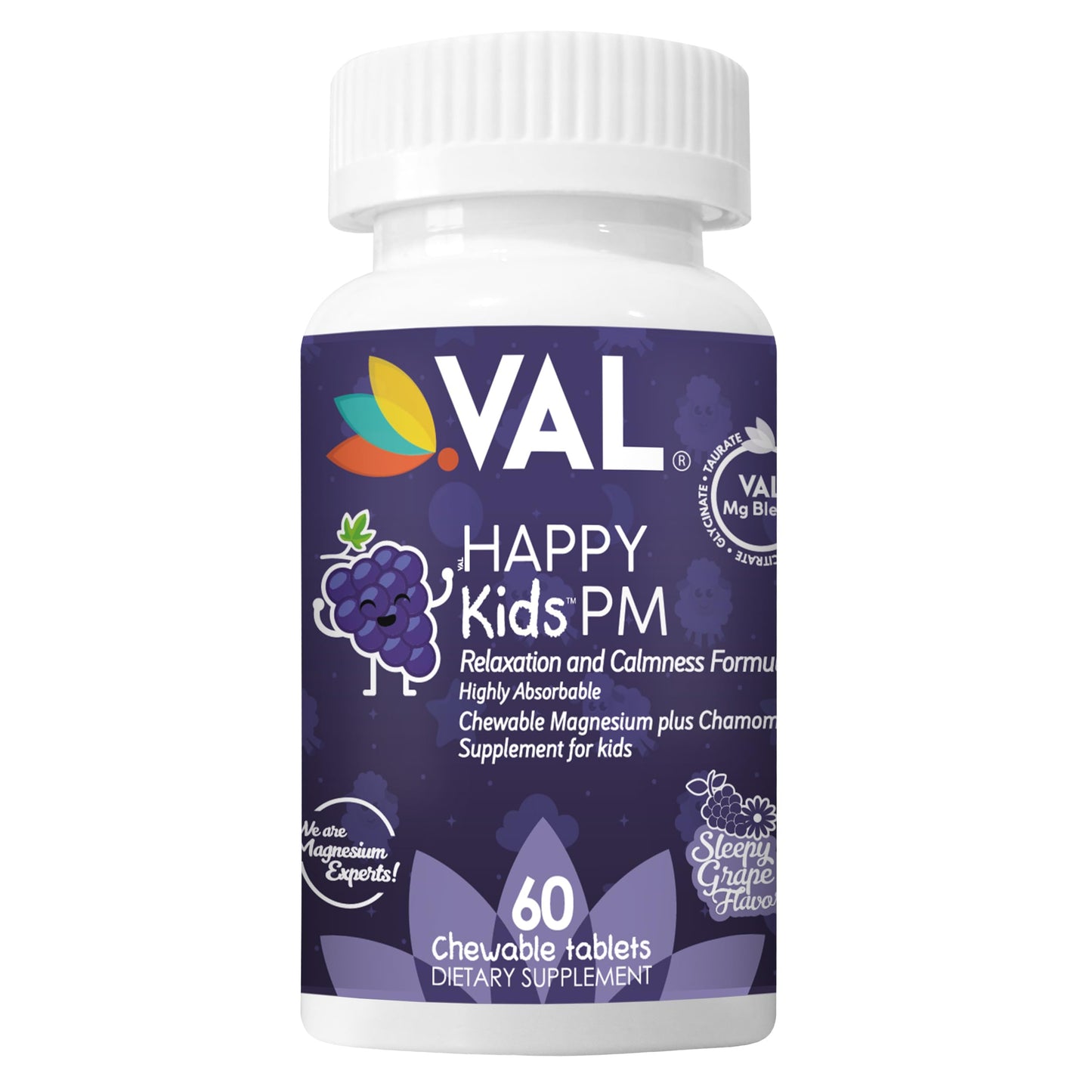 VAL Kids PM Magnesium Gummies | Sugar-Free Chewable Tablets with Chamomile, Magnesium Glycinate + Citrate + Taurate | Vitamin B6 & C | Natural Grape Flavor | Sleep & Calm Support | 60 Ct | Ages 4+ VALBuy Supplements Australia