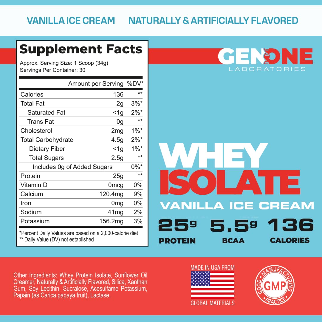 GenOne Whey Protein Powder Isolate, 25g Protein and 5.5g BCAAs per Serving, Vanilla Ice GENONE LABORATORIESBuy Supplements Australia