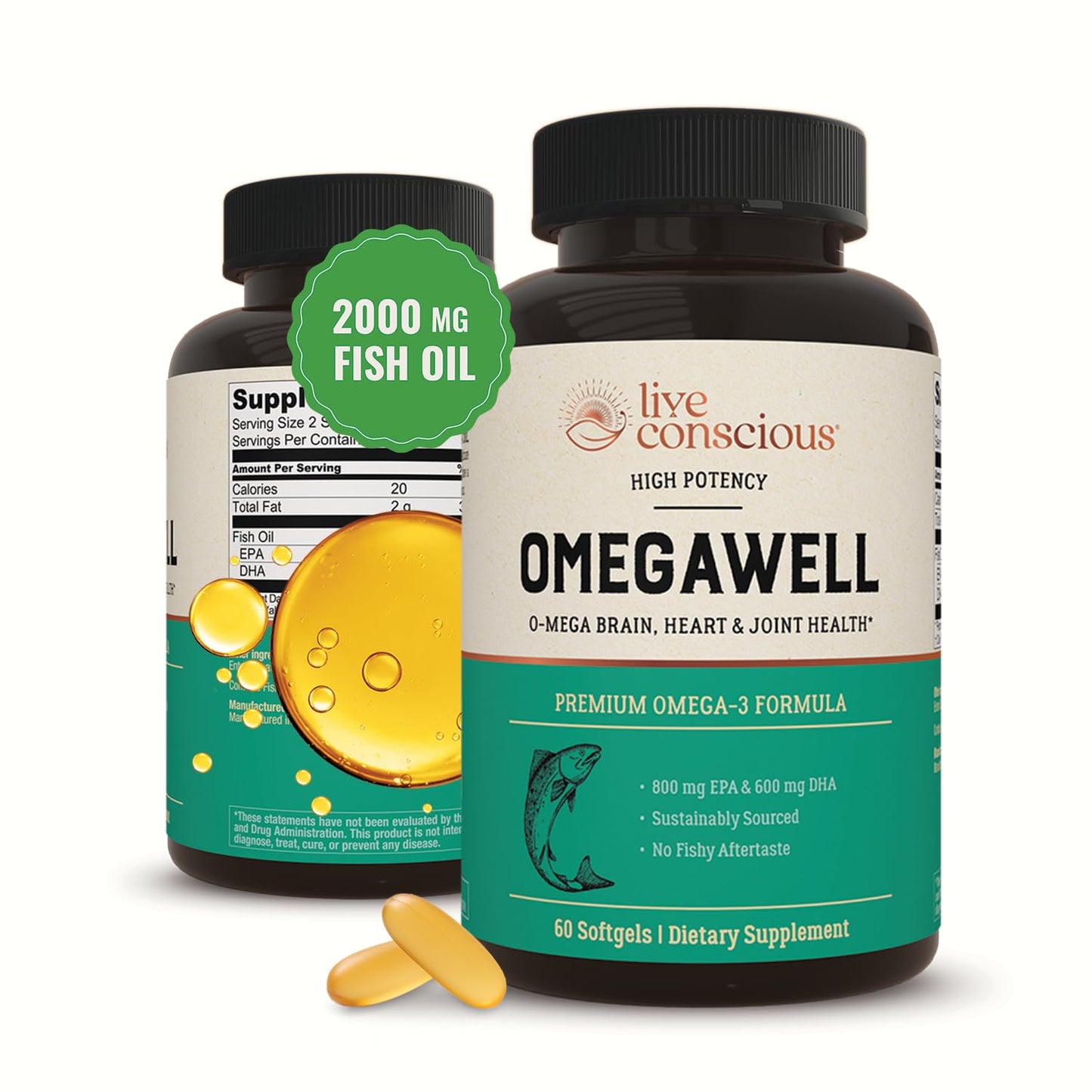 Live Conscious OmegaWell Omega 3 Fish Oil - 2000mg Capsules: Heart, Brain, & Joint Support - 800 mg EPA 600 mg DHA - Sustainably Sourced