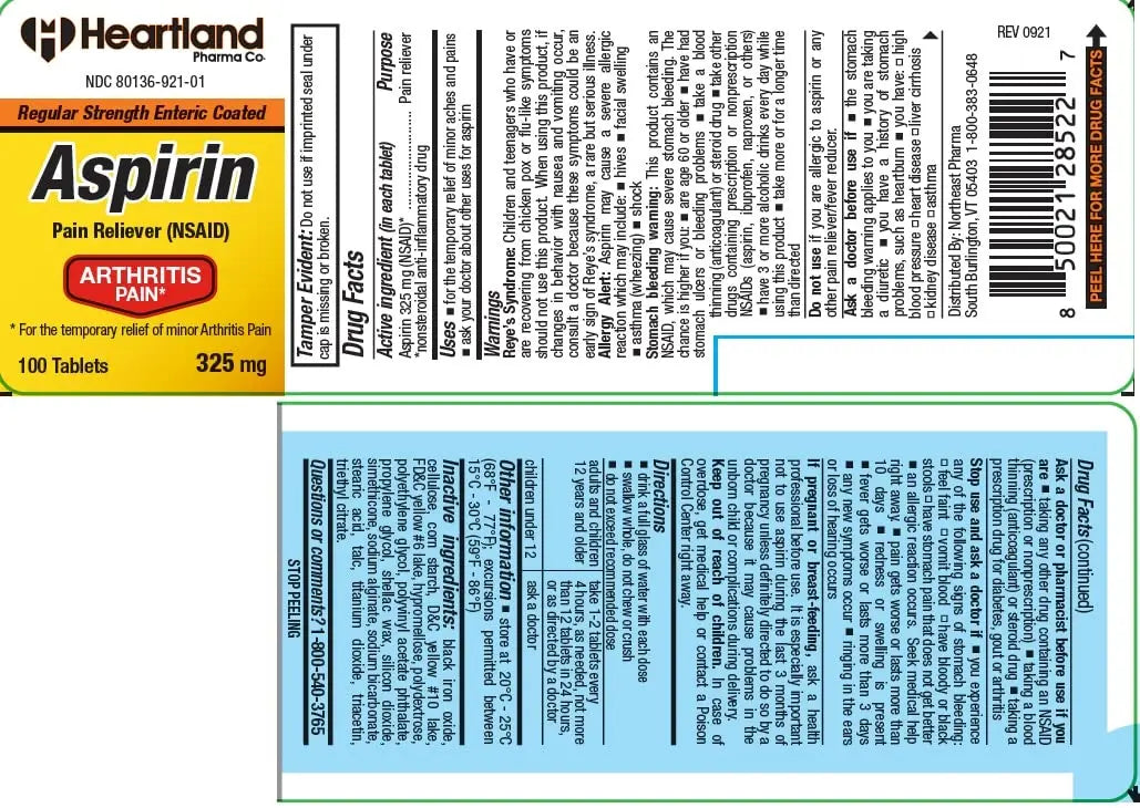 Heartland Pharma Aspirin 325mg Enteric Coated Tablets | Original Strength NSAID Pain Reliever & Fever Reducer | Joint Pain Relief for Arthritis | Child-Resistant Safety Cap | Made in USA | 100 Count Heartland PharmaBuy Supplements Australia