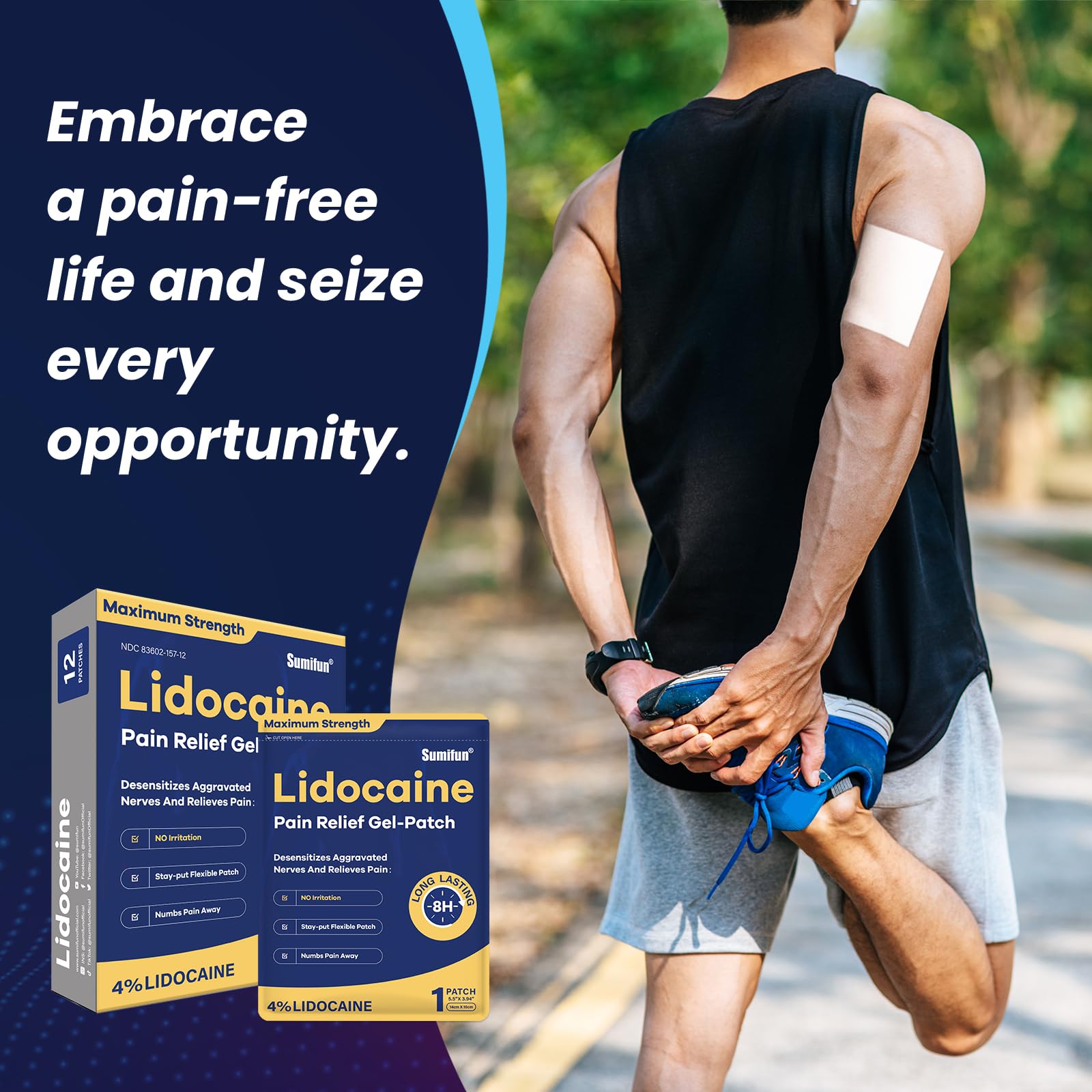 Sumifun 4% Lidocaine Patches Maximum Strength - 12 Count Pain Relieving Gel Patch for Muscle Soreness, Back Ache, Knee, Neck & Joint Pains - Topical Analgesic (Large, Count, 12) SumifunBuy Supplements Australia