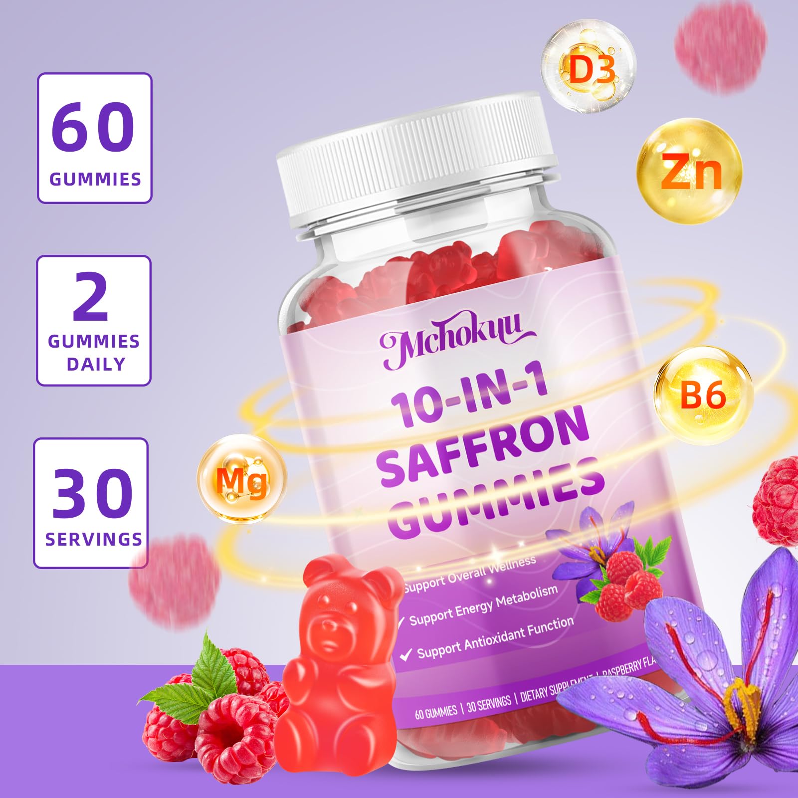 Saffron Supplement Gummies for Kids & Adults Supports Antioxidant Function with Ashwagandha, L-Theanine, Rhodiola Rosea, Lemon Balm, Vitamin D3, B6, Magnesium & Zinc – Raspberry Flavor, 60 Count MchokuuBuy Supplements Australia