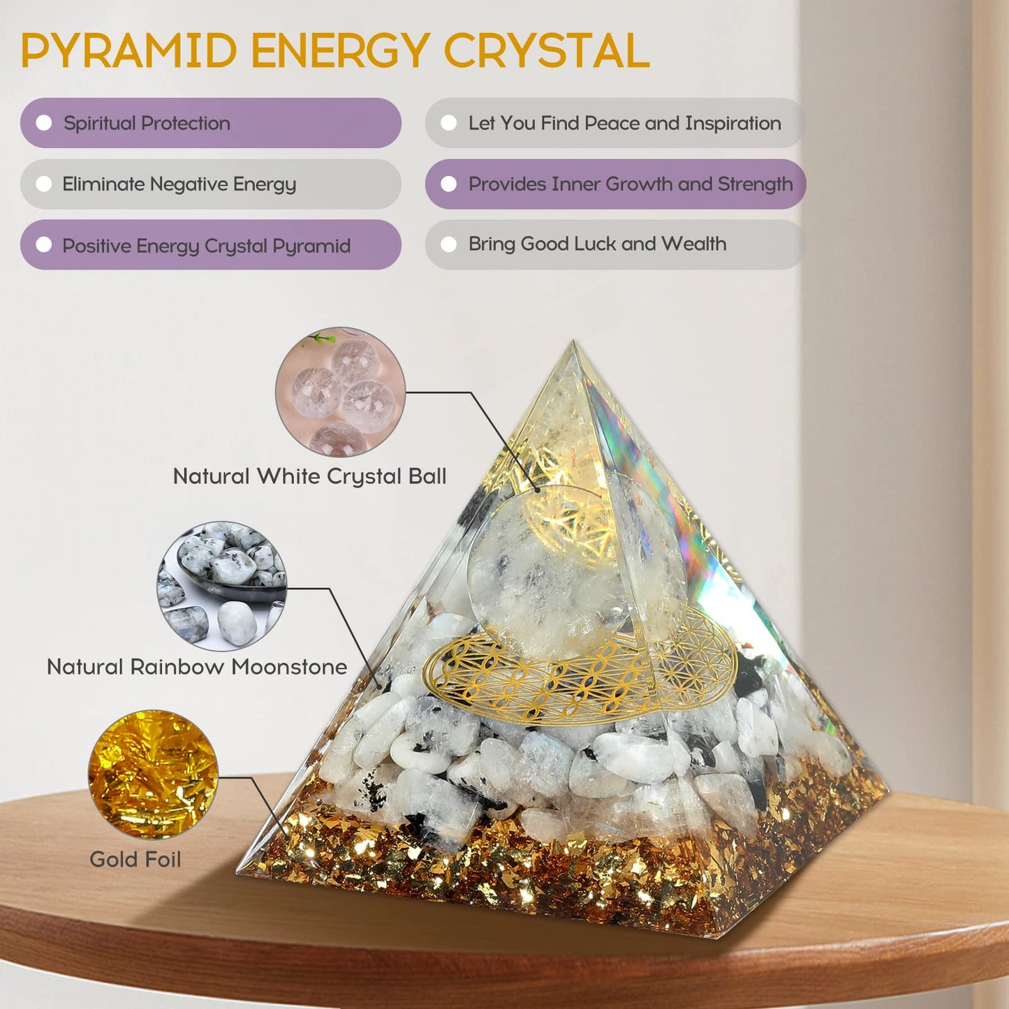 Hopeseed Orgone Pyramid for Positive Energy, Orgonite Rainbow Moonstone&White Crystal HopeseedBuy Supplements Australia
