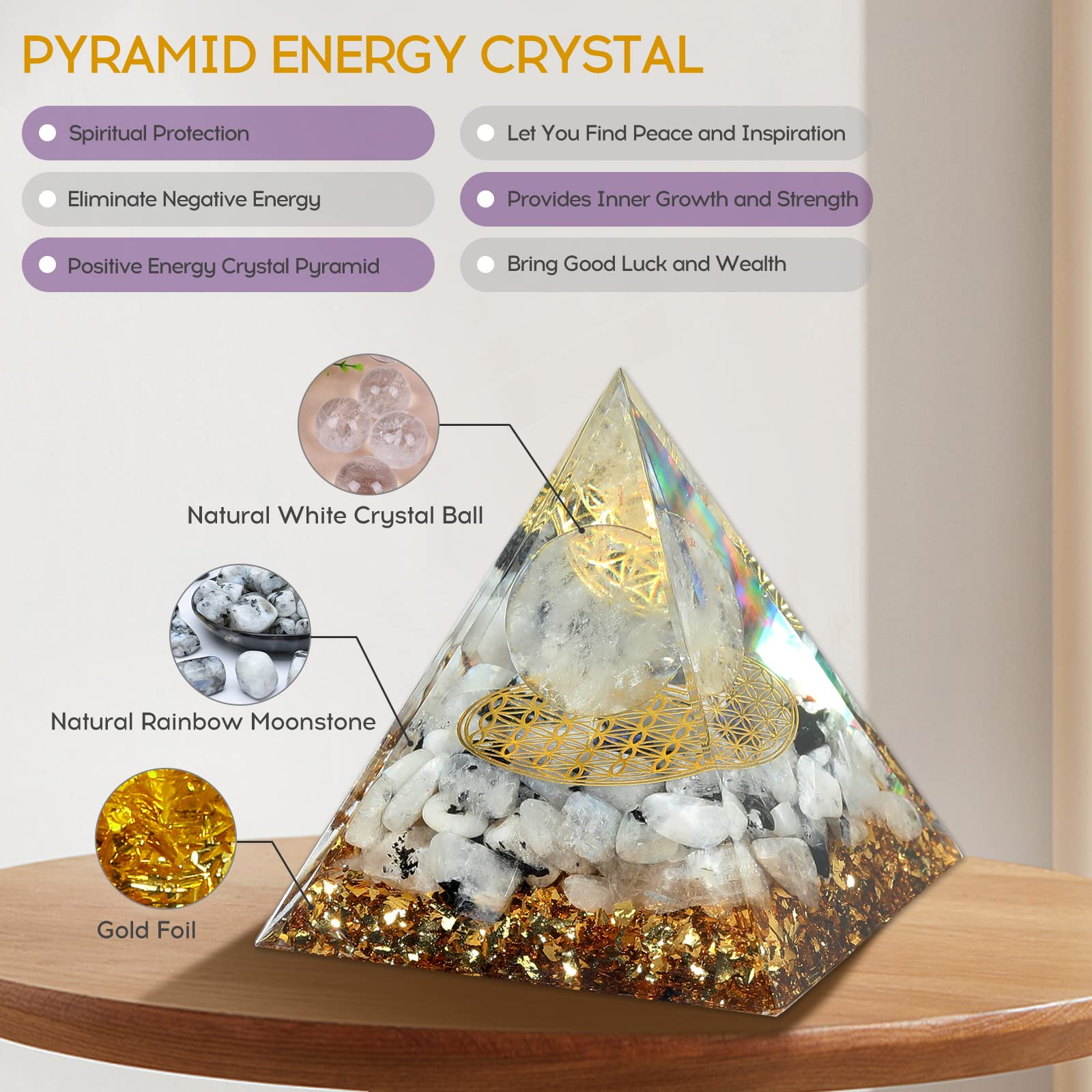 Hopeseed Orgone Pyramid for Positive Energy, Orgonite Rainbow Moonstone&White Crystal HopeseedBuy Supplements Australia
