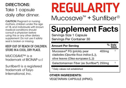 Silver Fern Regularity Digestive Supplement Capsules Brand - 1 Bottle = 30 Capsules = 30 Day Supply - Mucosave FG (Prickly Pear Polysaccharides & Olive Leaf Polyphenols) & SunFiber Silver FernBuy Supplements Australia