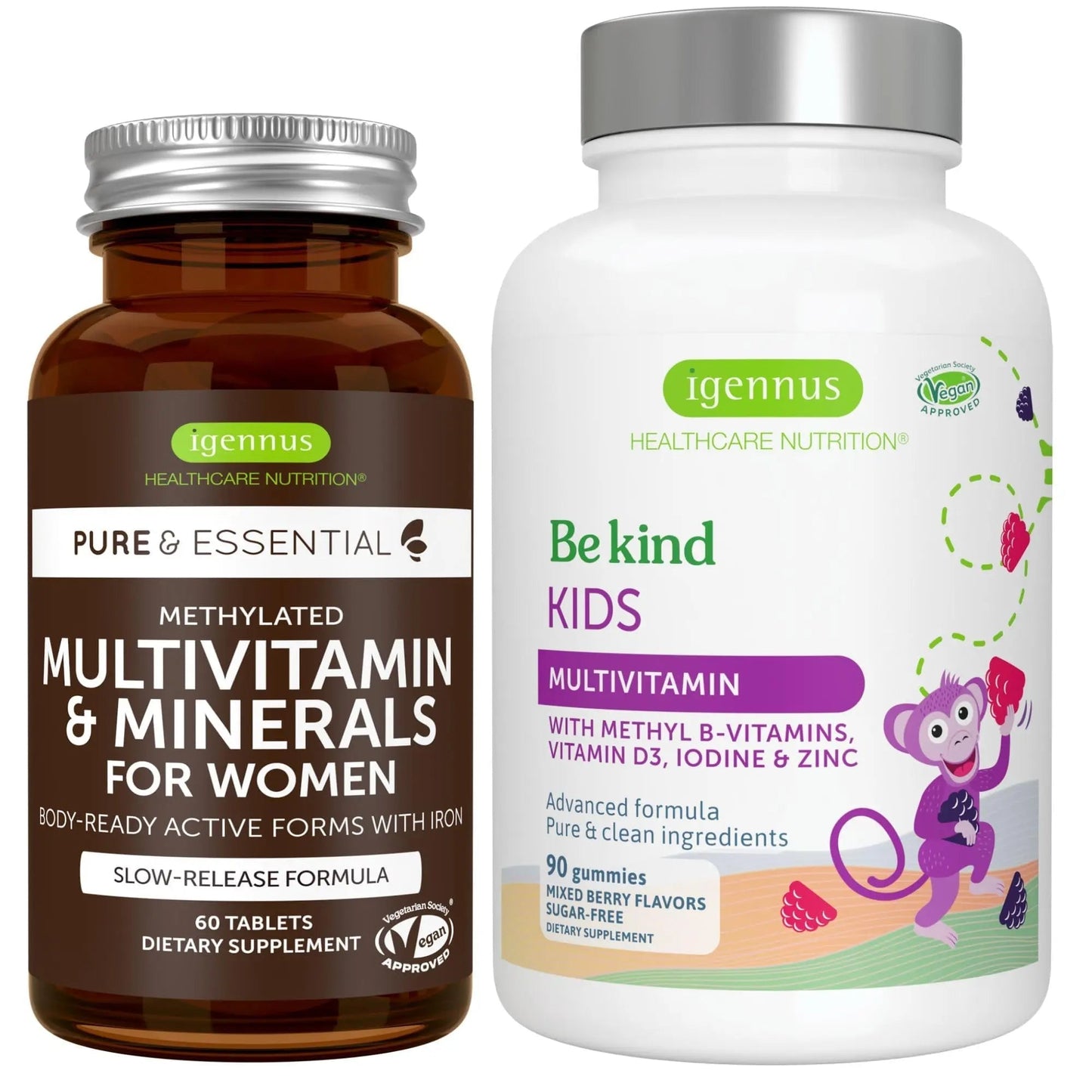 Multivitamin & Minerals for Women + Advanced Kids Multivitamin Gummy Vegan Bundle, with Methylated B-Vitamins, Vitamin A, C, D3 & E Igennus Healthcare Nutrition