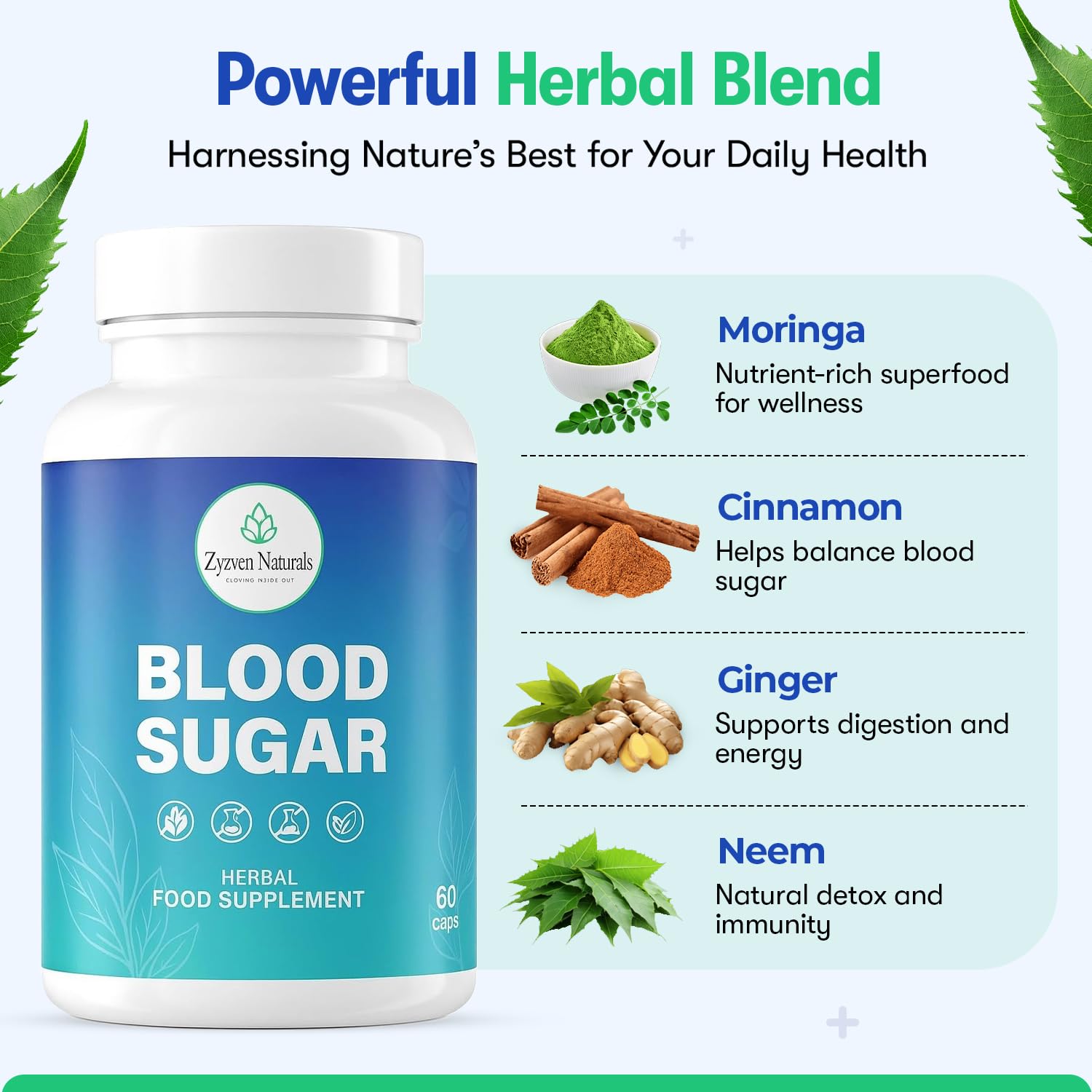 Zyzven Naturals Blood Sugar Support Supplement – 60 Vegan Capsules | Herbal Supplement with Moringa, Cinnamon, Ginger, Neem & Fenugreek | Plant-Based Wellness Supplement - Serving: 2 Capsules/Day Zyzven NaturalsBuy Supplements Australia