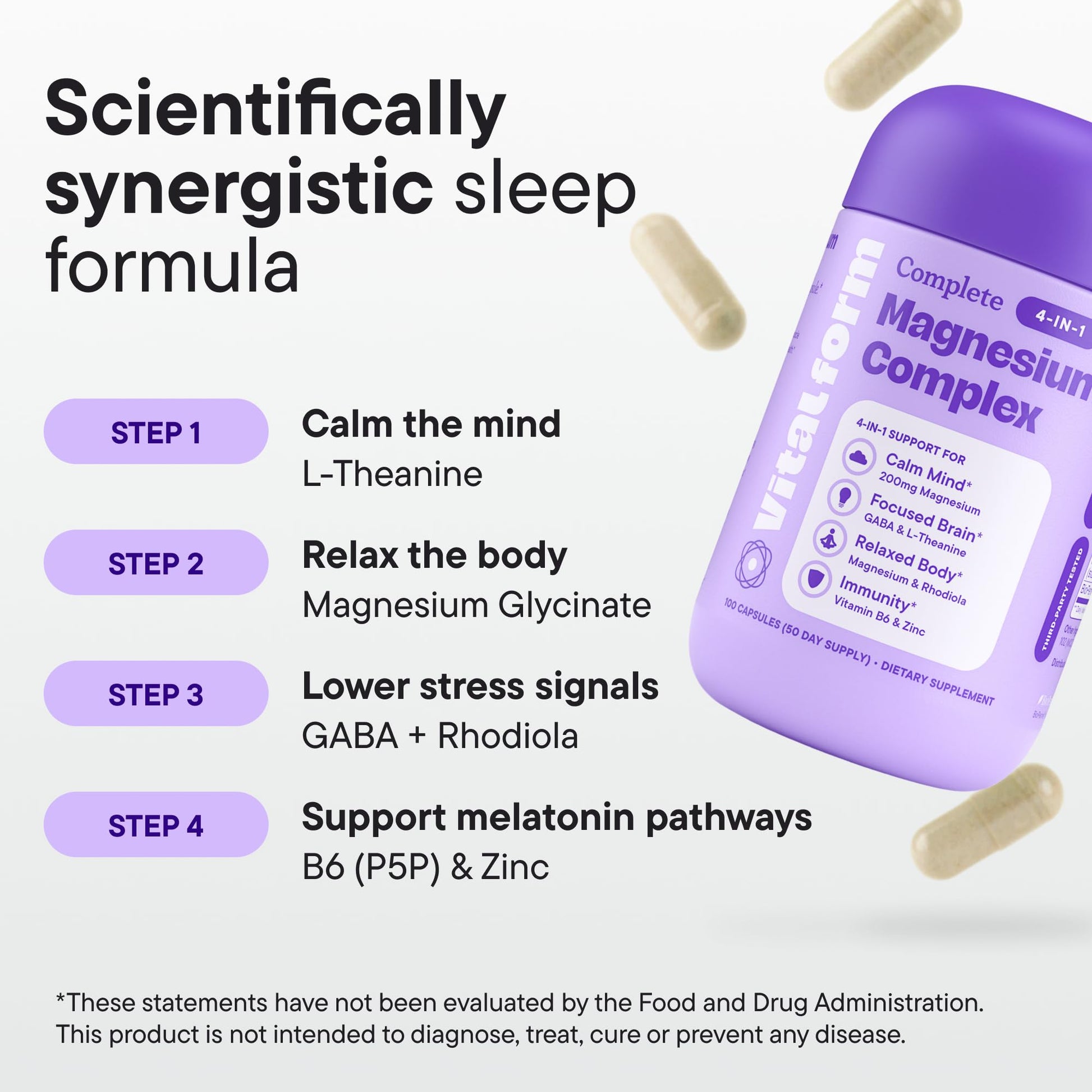VitalForm Magnesium Glycinate Sleep Complex – Non-Habit Forming Support with L-Theanine, GABA, Zinc & Rhodiola – Promotes Relaxation, Calm & Muscle Recovery – Non-Melatonin – 100 Capsules VitalFormBuy Supplements Australia
