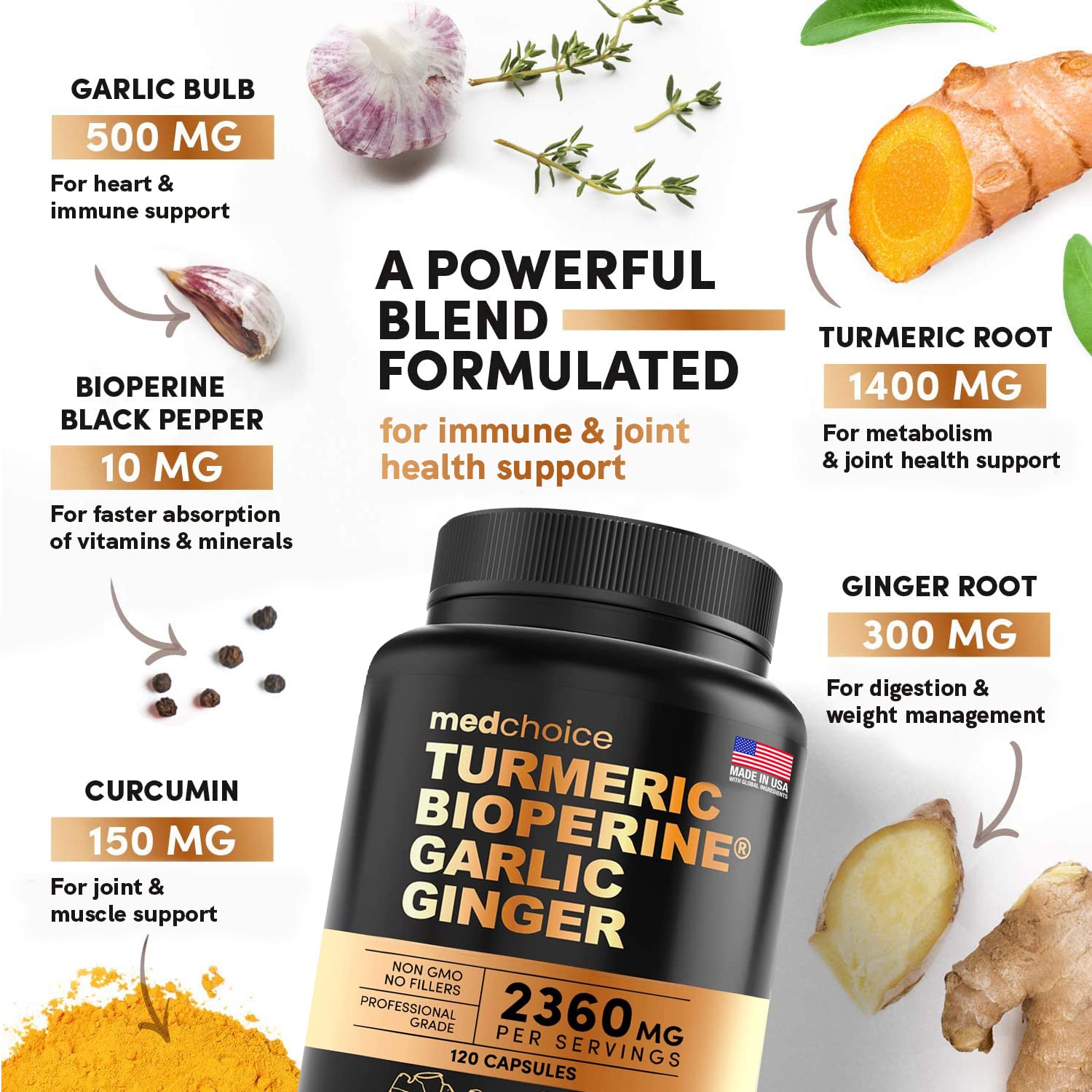 4-in-1 Supplement with Turmeric, Garlic, Ginger Root, and Black Pepper - 120 Capsules MEDCHOICEBuy Supplements Australia