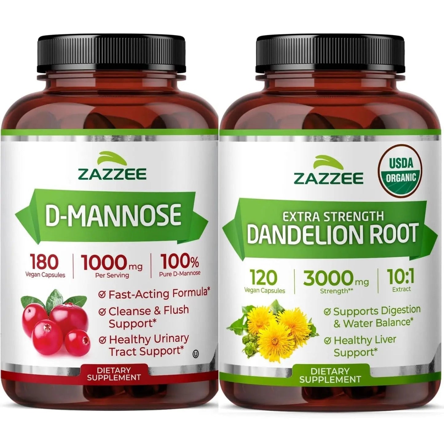 Zazzee Urinary Tract Cleanse & Detox Bundle | USDA Organic Dandelion Root Extract Capsules Plus D-Mannose 1000mg Capsules for UT & Bladder Cleansing ZazzeeBuy Supplements Australia