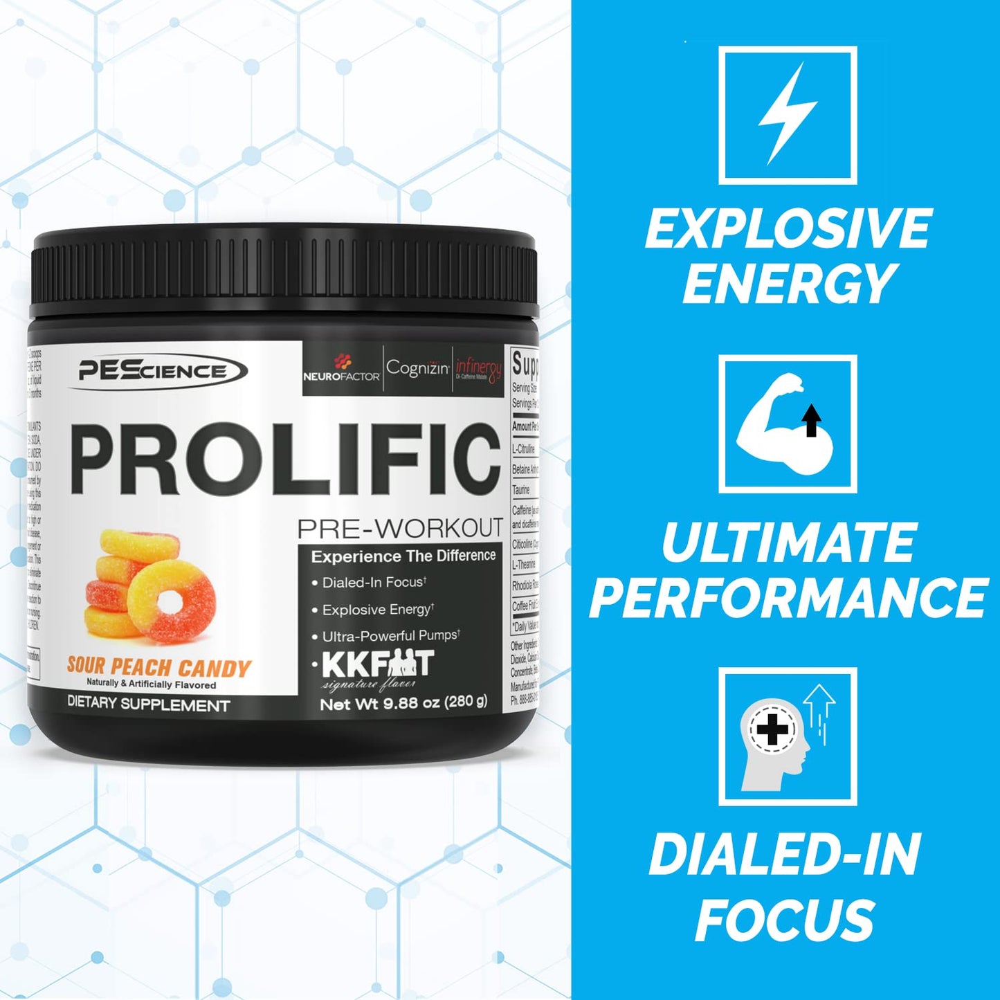 PEScience Prolific Pre Workout Powder, Sour Peach Candy, 40 Scoop, Energy Supplement PEScienceBuy Supplements Australia